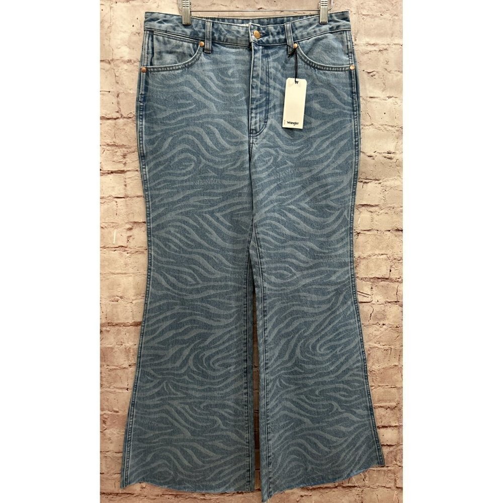 WRANGLER Jeans Womens 31x 32 WANDERER 622 HIGH RISE FLARE Raw Hem Zebra Blue NEW